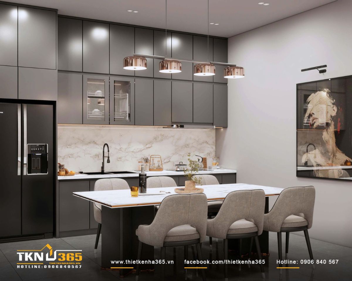 B&agrave;n ăn đặt song song với tủ bếp, giữ lối lưu th&ocirc;ng mạch lạc giữa hai khu vực v&agrave; gi&uacute;p kh&ocirc;ng gian lu&ocirc;n gọn g&agrave;ng, dễ sử dụng