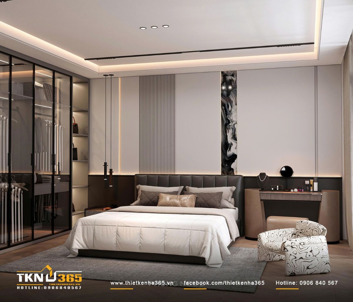 Giường ngủ, b&agrave;n trang điểm v&agrave; ghế thư gi&atilde;n thiết kế c&acirc;n bằng trong bố cục gọn g&agrave;ng