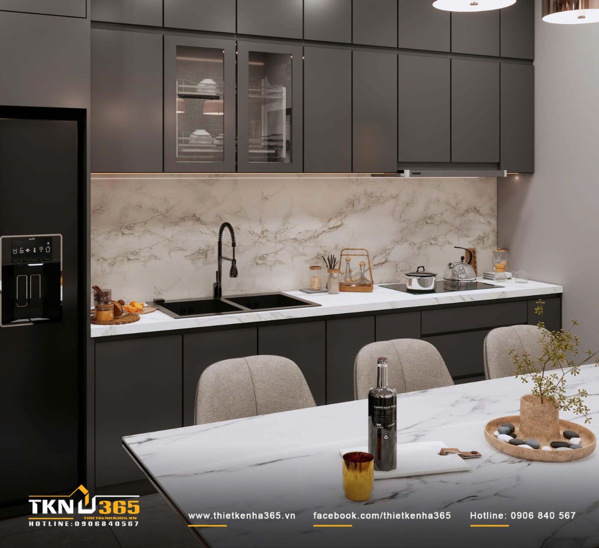 Hệ tủ bếp xử l&yacute; h&igrave;nh khối phẳng, tay nắm &acirc;m v&agrave; đường chỉ ngang liền mạch, tăng cảm gi&aacute;c cao v&agrave; s&acirc;u cho kh&ocirc;ng gian