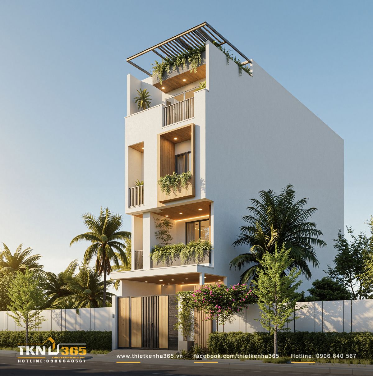 Cấu tr&uacute;c nh&agrave; phố 4 tầng mạch lạc, c&aacute;c khoảng l&otilde;m &acirc;m tường v&agrave; hệ lam s&acirc;n thượng gi&uacute;p tăng hiệu quả che nắng trong điều kiện kh&iacute; hậu nhiệt đới