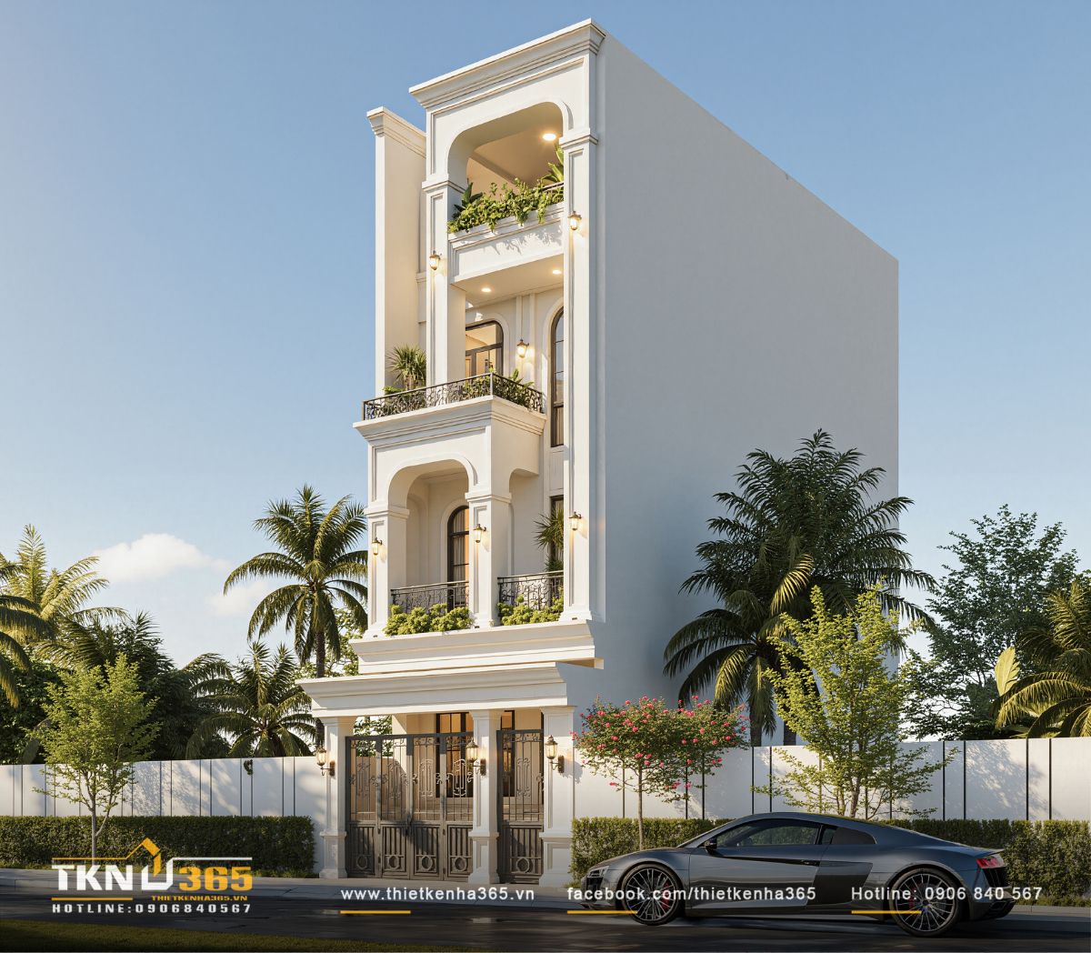 Nhà phố 4 tầng sở hữu cấu trúc phân tầng, khối đế vững chắc và ban công kết hợp lan can sắt, bồn cây xanh