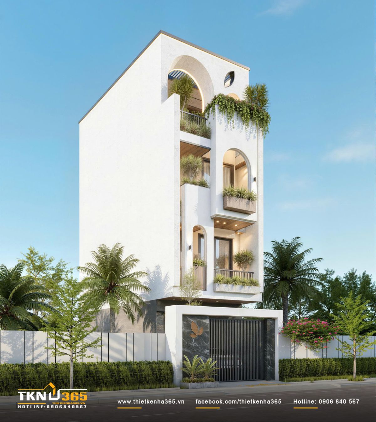 C&aacute;c khoảng đua - l&ugrave;i v&agrave; ban c&ocirc;ng xanh xếp tầng h&igrave;nh th&agrave;nh lớp đệm che nắng, gi&uacute;p mặt tiền c&oacute; chiều s&acirc;u v&agrave; th&iacute;ch nghi kh&iacute; hậu hiệu quả