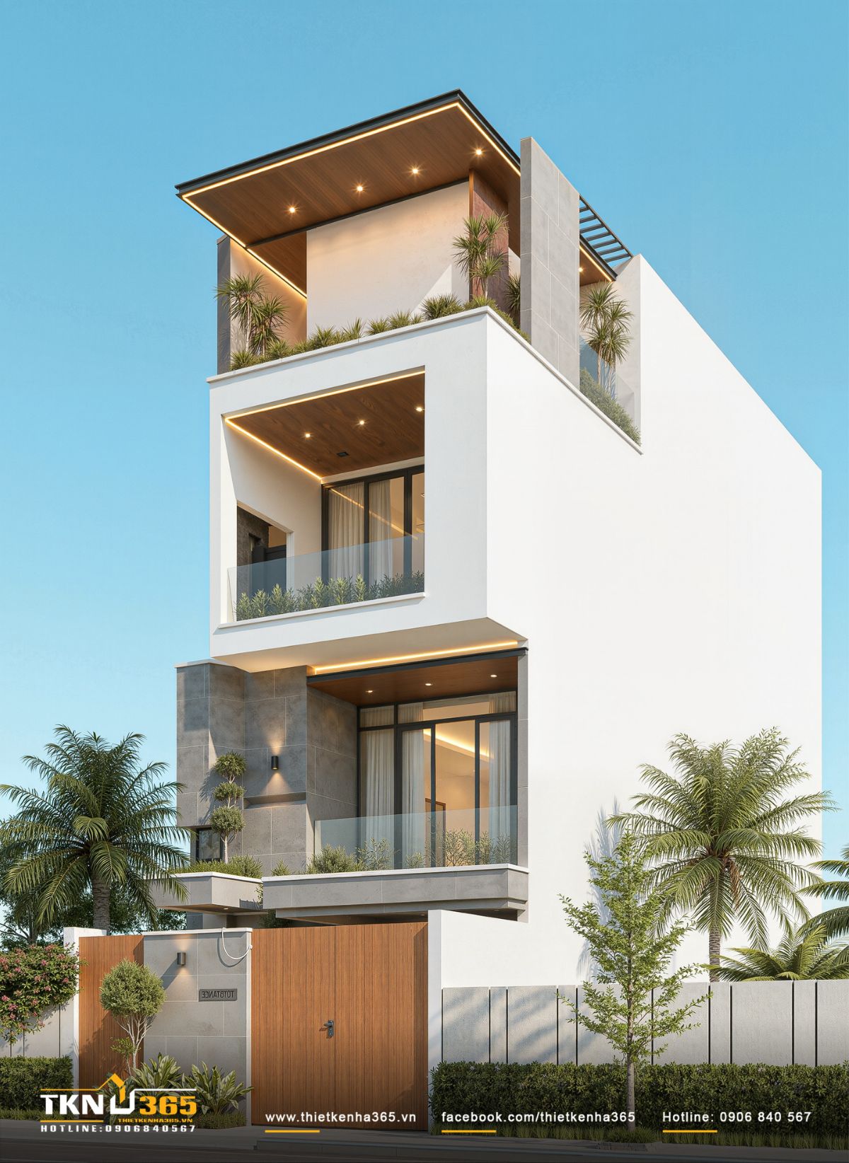 Cấu trúc ban công nhà phố 4 tầng như những “khung hình” lớn, bao lấy không gian bên trong và tăng cường độ mở nhờ lan can kính cường lực