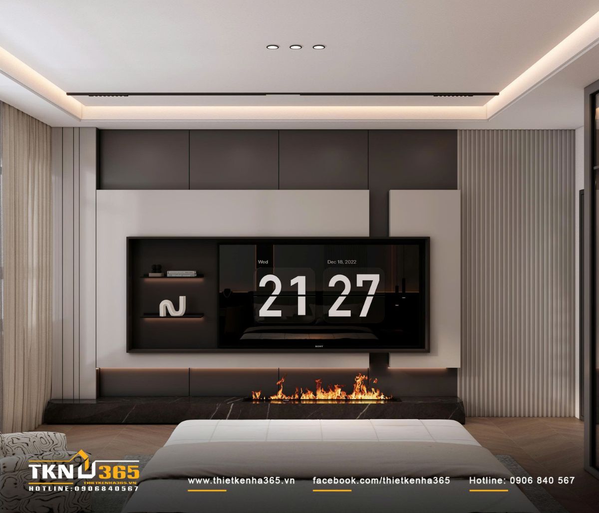 Mảng tường tivi thiết kế tối giản tạo điểm nhấn ấm &aacute;p đối diện giường ngủ