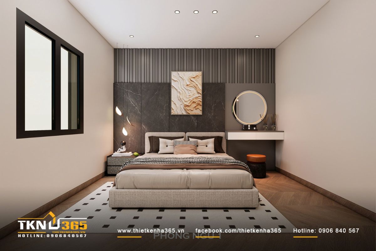 Kh&ocirc;ng gian ph&ograve;ng ngủ khai th&aacute;c bảng m&agrave;u trung t&iacute;nh trầm ấm, mang lại cảm gi&aacute;c thư gi&atilde;n v&agrave; ri&ecirc;ng tư