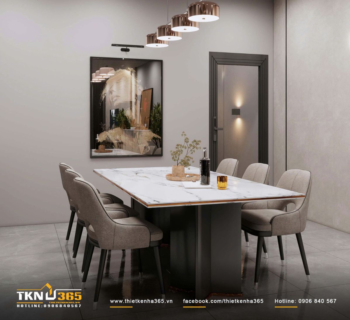 B&agrave;n ăn h&igrave;nh chữ nhật bằng đ&aacute; v&acirc;n nhẹ kết hợp ch&acirc;n b&agrave;n khối đen chắc chắn, tạo thế c&acirc;n bằng với hệ tủ bếp ph&iacute;a sau