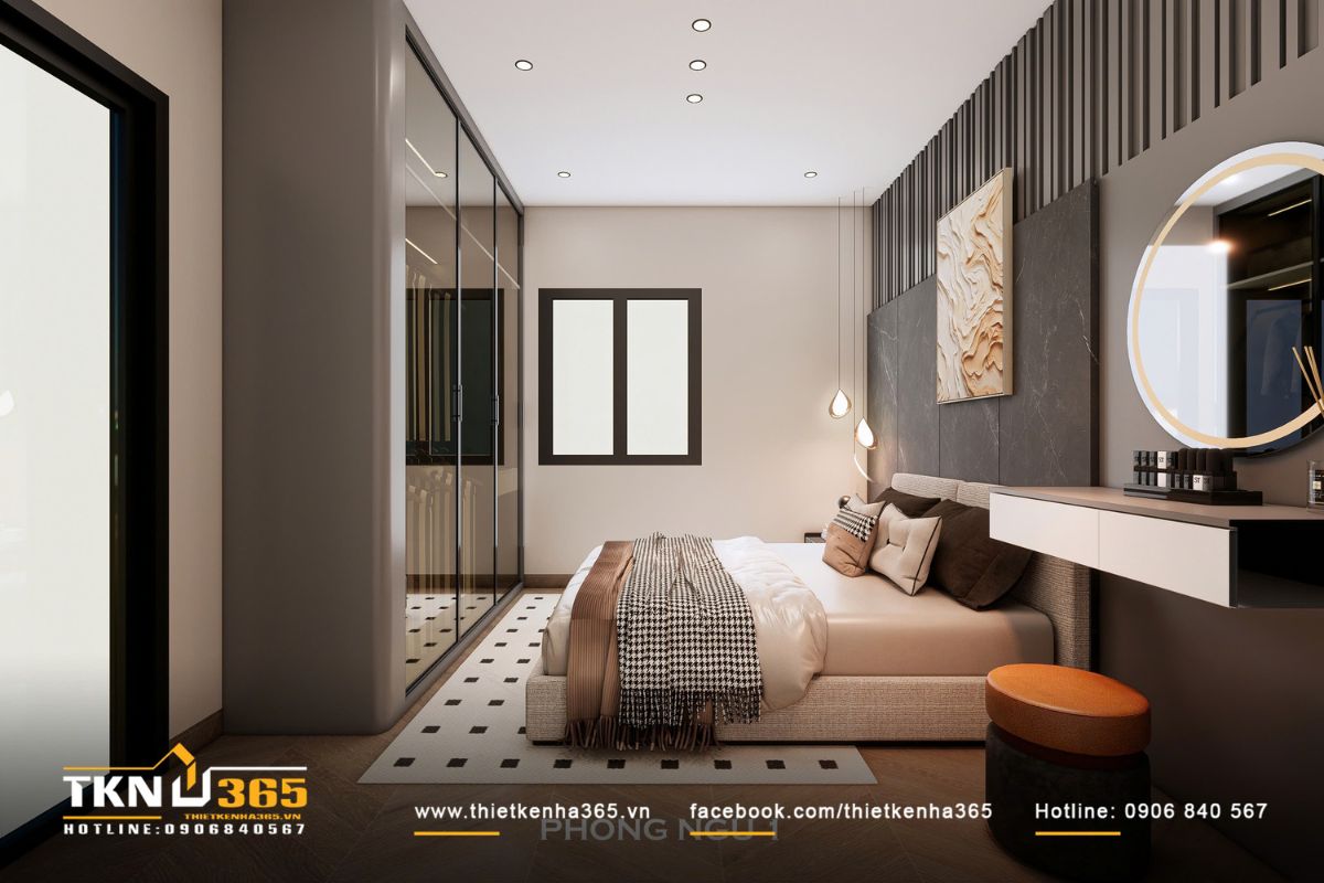 Bố cục giường - tivi - tủ quần &aacute;o được tổ chức mạch lạc, tối ưu diện t&iacute;ch sử dụng trong ph&ograve;ng