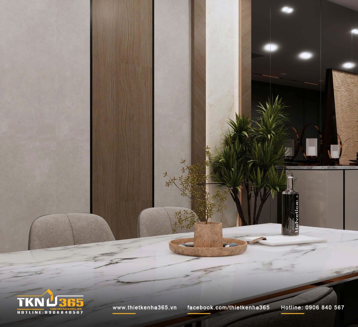 Mặt b&agrave;n ăn với khay đ&aacute; trang tr&iacute; v&agrave; c&agrave;nh xanh nhỏ, bổ sung yếu tố mềm mại giữa c&aacute;c bề mặt đ&aacute; v&agrave; kim loại