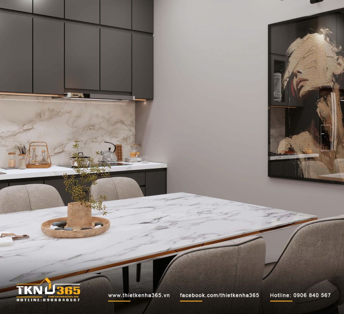 Kh&ocirc;ng gian bếp - ăn trong nh&agrave; phố 4 tầng được trang tr&iacute; vừa phải, kiến tạo kh&ocirc;ng gian hiện đại v&agrave; tinh tế