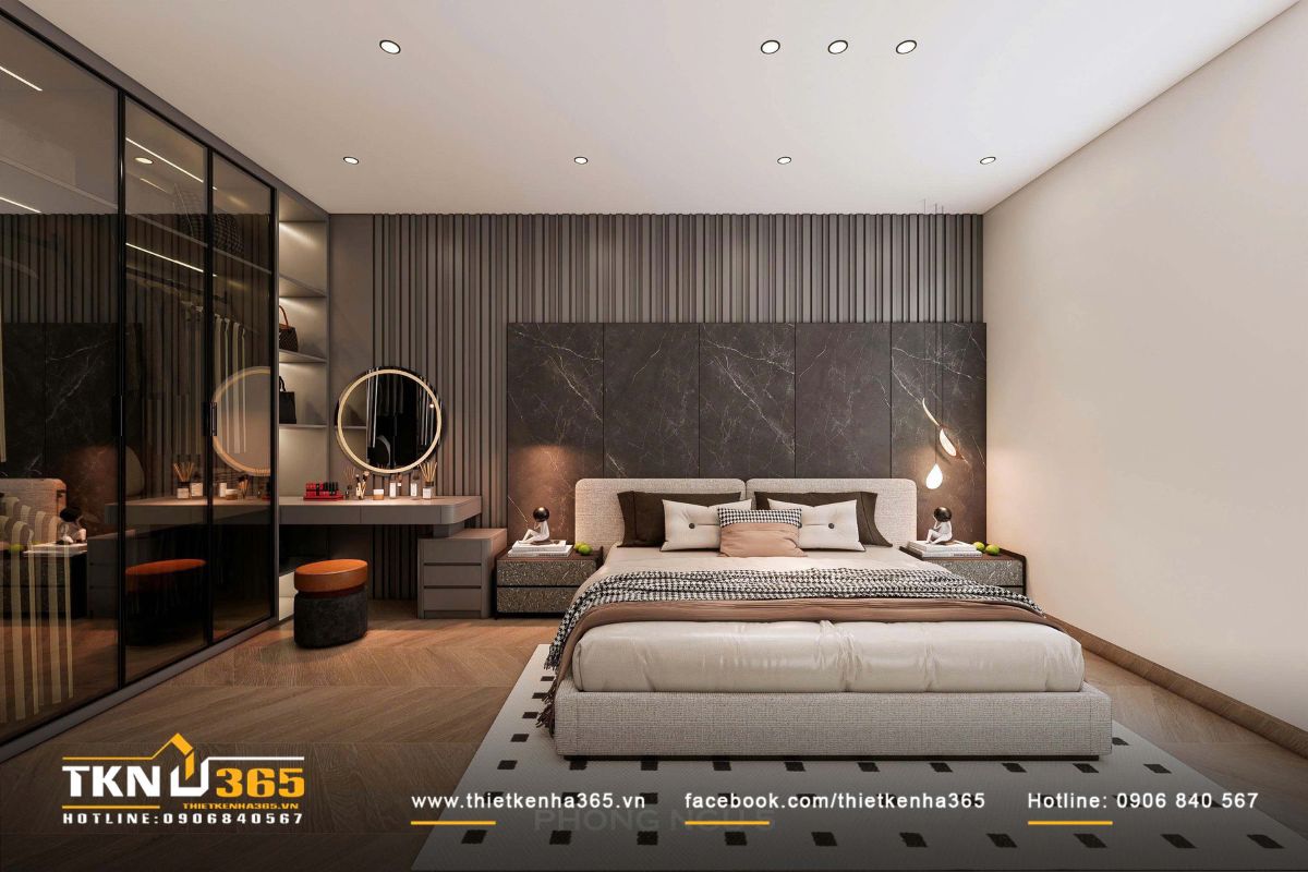 Ph&ograve;ng ngủ ưu ti&ecirc;n bảng m&agrave;u n&acirc;u, be v&agrave; x&aacute;m đậm, nổi bật mảng tường đầu giường xử l&yacute; nhiều lớp tạo chiều s&acirc;u thị gi&aacute;c