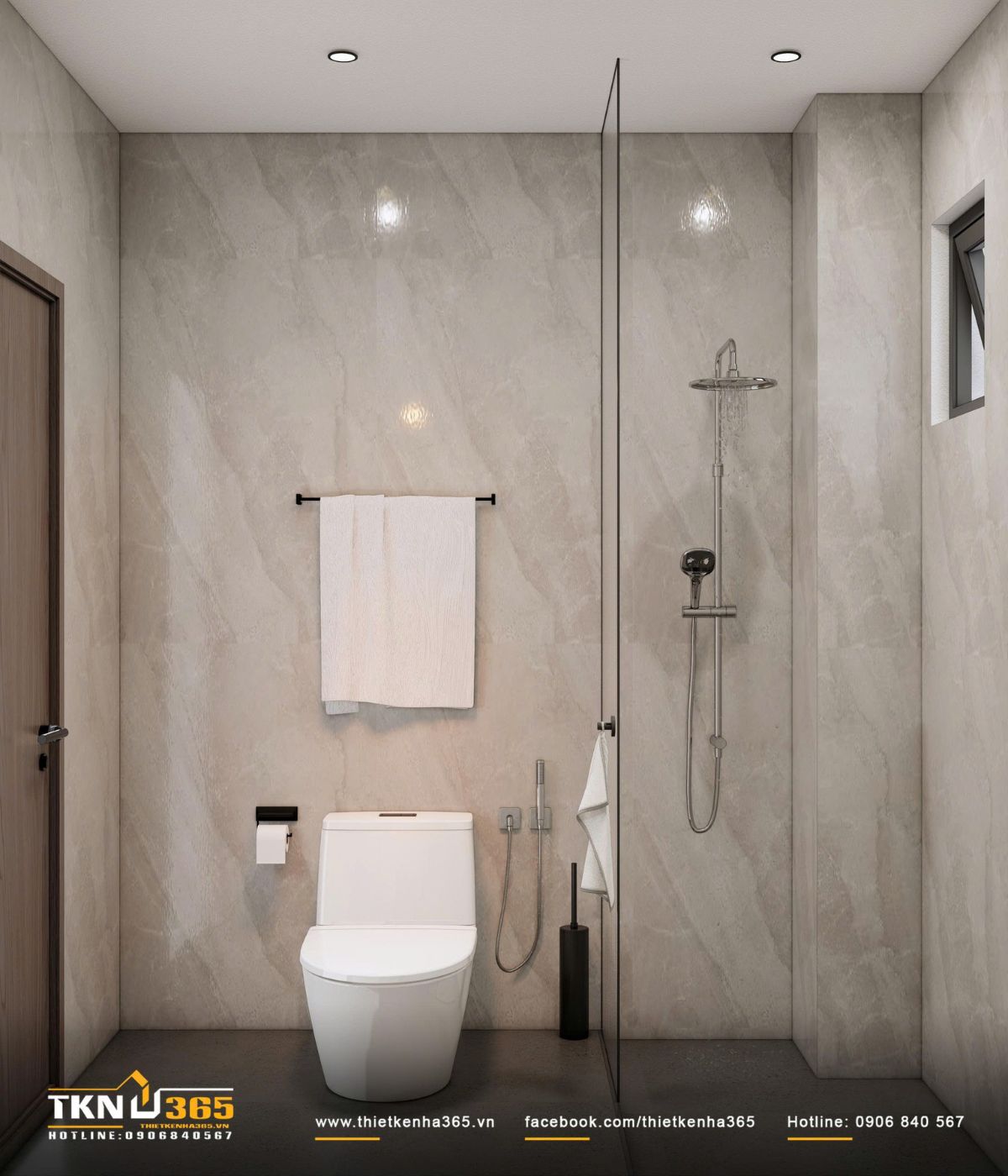 Ph&ograve;ng vệ sinh sử dụng đ&aacute; marble ốp tường to&agrave;n phần, kết hợp v&aacute;ch k&iacute;nh ph&acirc;n t&aacute;ch r&otilde; khu tắm đứng v&agrave; khu kh&ocirc;