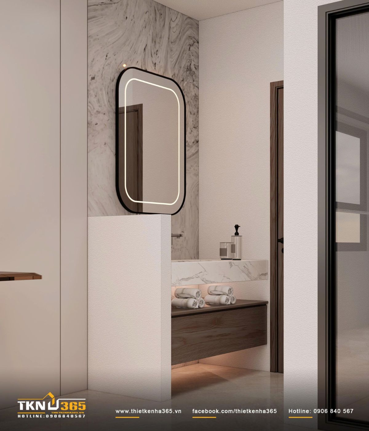 Lavabo treo tường c&ugrave;ng gương LED bo g&oacute;c tạo bố cục gọn g&agrave;ng, hiện đại v&agrave; dễ vệ sinh