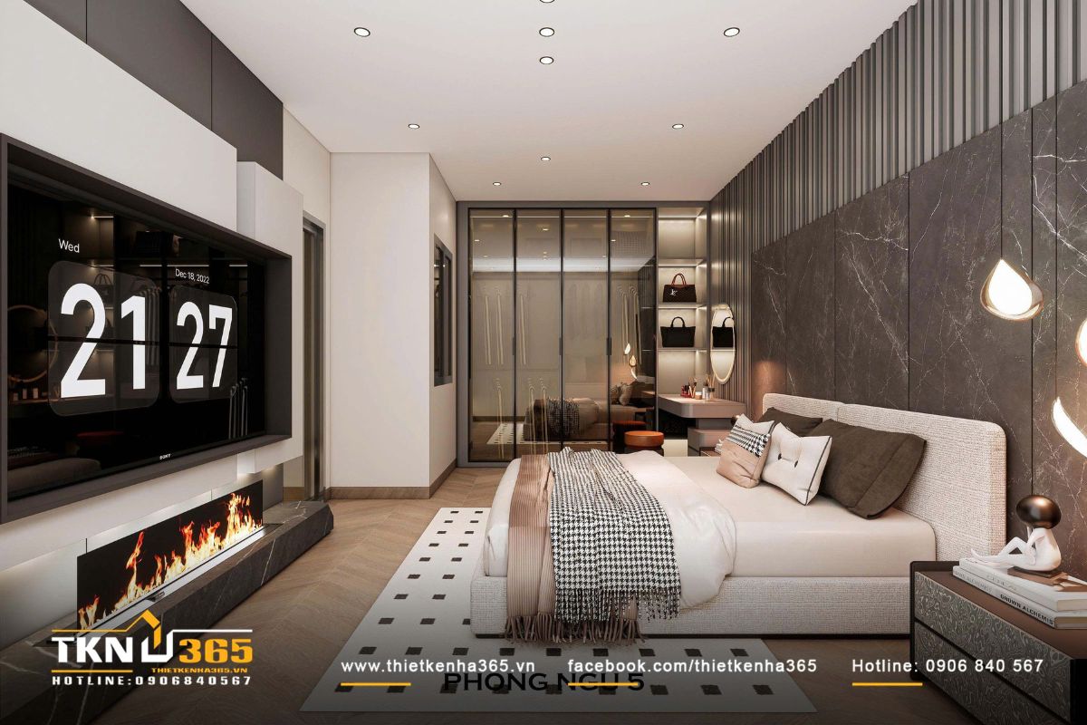 Ph&ograve;ng ngủ trong nh&agrave; phố 4 tầng khai th&aacute;c hiệu quả c&aacute;c hệ tủ &acirc;m tường kịch trần để tối ưu kh&ocirc;ng gian lưu trữ