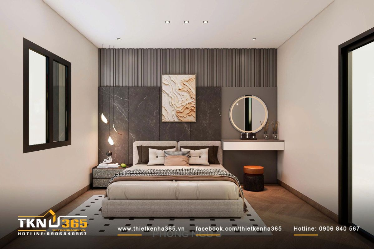 B&agrave;n trang điểm treo tường v&agrave; gương tr&ograve;n viền s&aacute;ng, tạo điểm nhấn mềm mại giữa c&aacute;c đường thẳng dứt kho&aacute;t