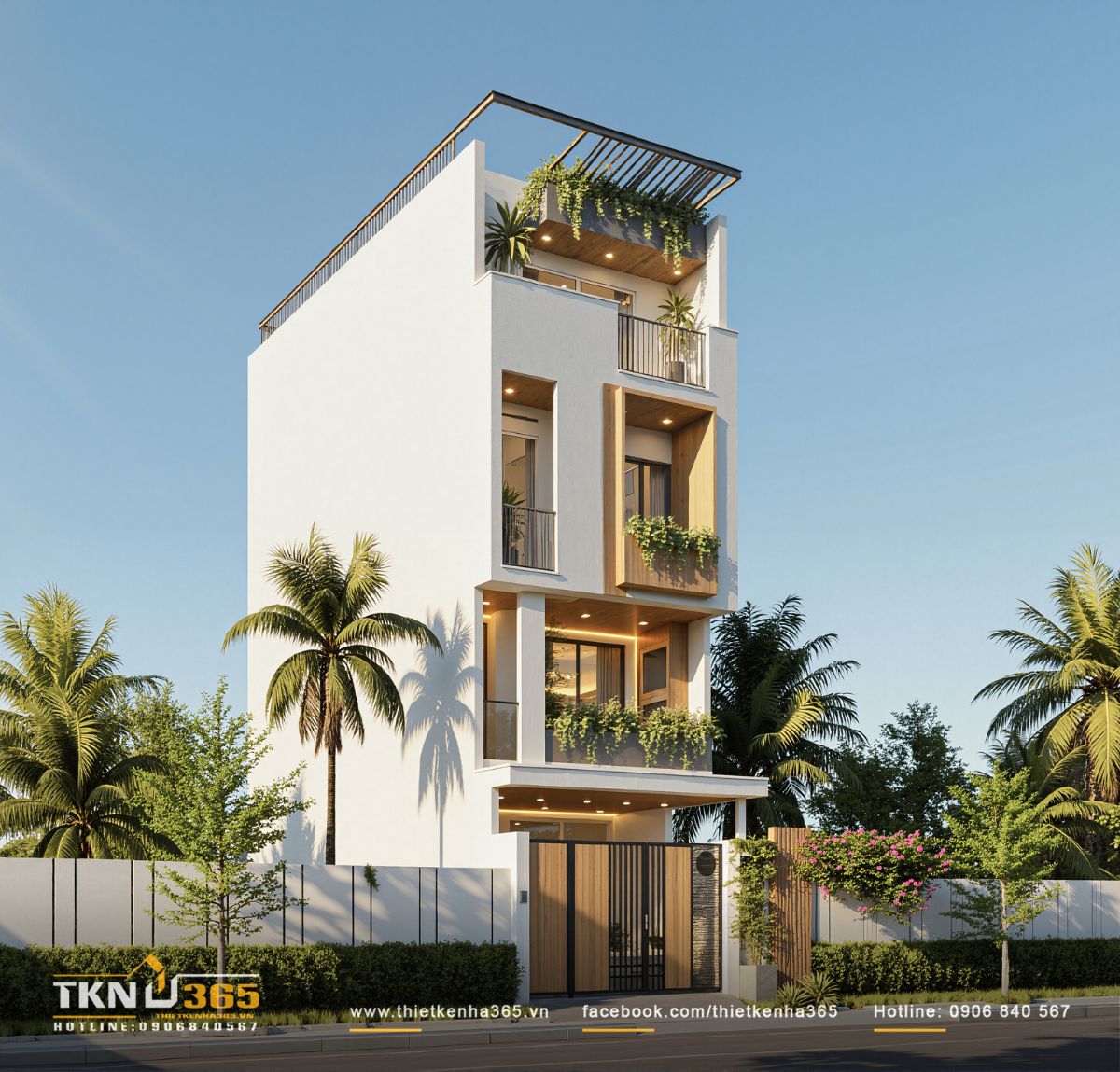 Mặt tiền nh&agrave; phố 4 tầng nổi bật với t&ocirc;ng trắng chủ đạo kết hợp ốp gỗ ấm, ban c&ocirc;ng xanh xuy&ecirc;n suốt từ tầng trệt đến s&acirc;n thượng tạo th&agrave;nh &ldquo;mặt đứng xanh&rdquo; theo chiều cao c&ocirc;ng tr&igrave;nh