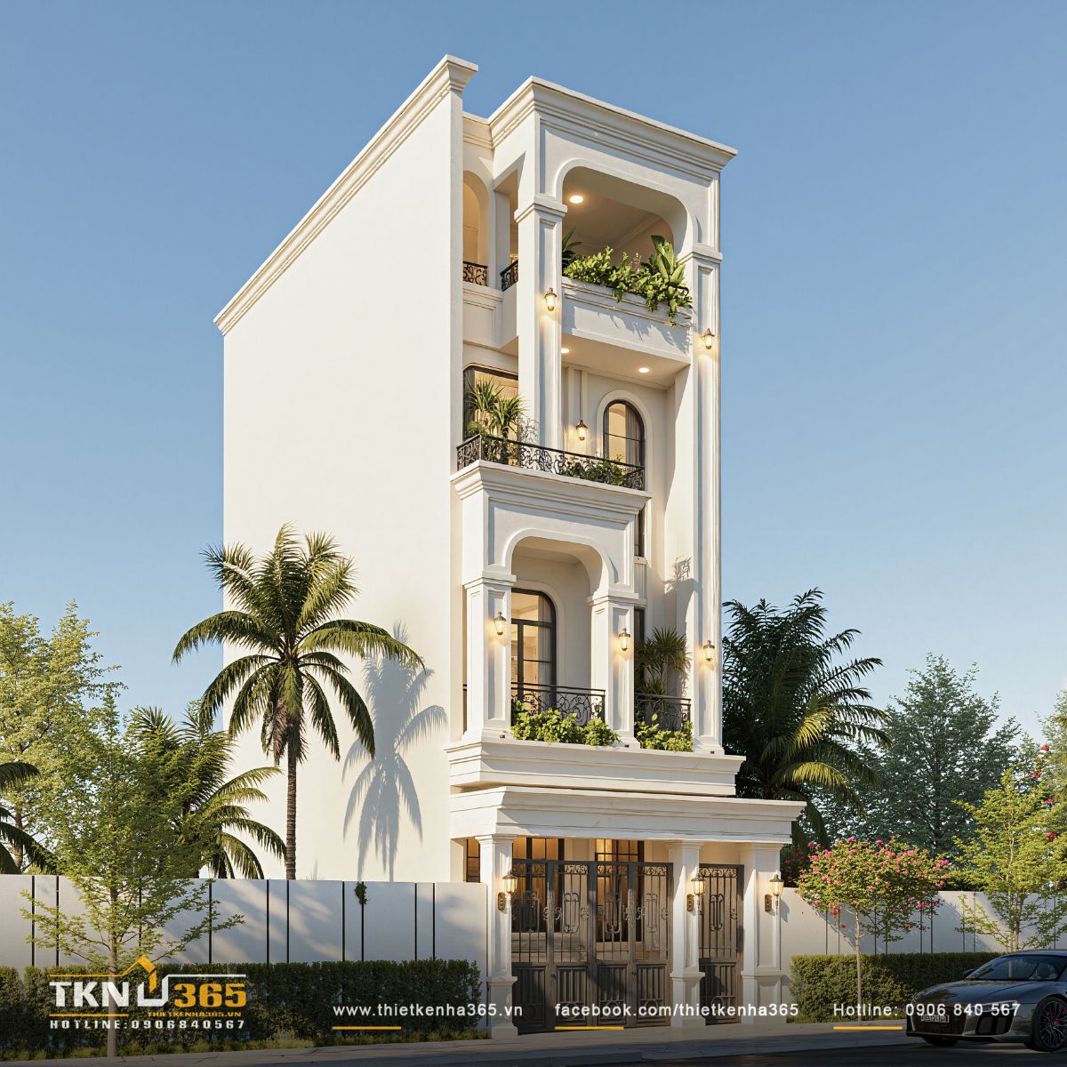 Tổng thể nhà phố 4 tầng nhấn mạnh nhịp điệu phào chỉ tinh giản và sắc trắng chủ đạo tạo nên vẻ đẹp sang trọng và tinh tế