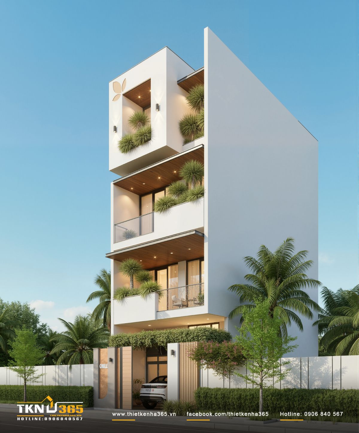 Mảng tường trắng đ&oacute;ng vai tr&ograve; l&agrave;m nền trung t&iacute;nh, gi&uacute;p c&aacute;c logia v&agrave; ban c&ocirc;ng xanh th&ecirc;m phần nổi bật