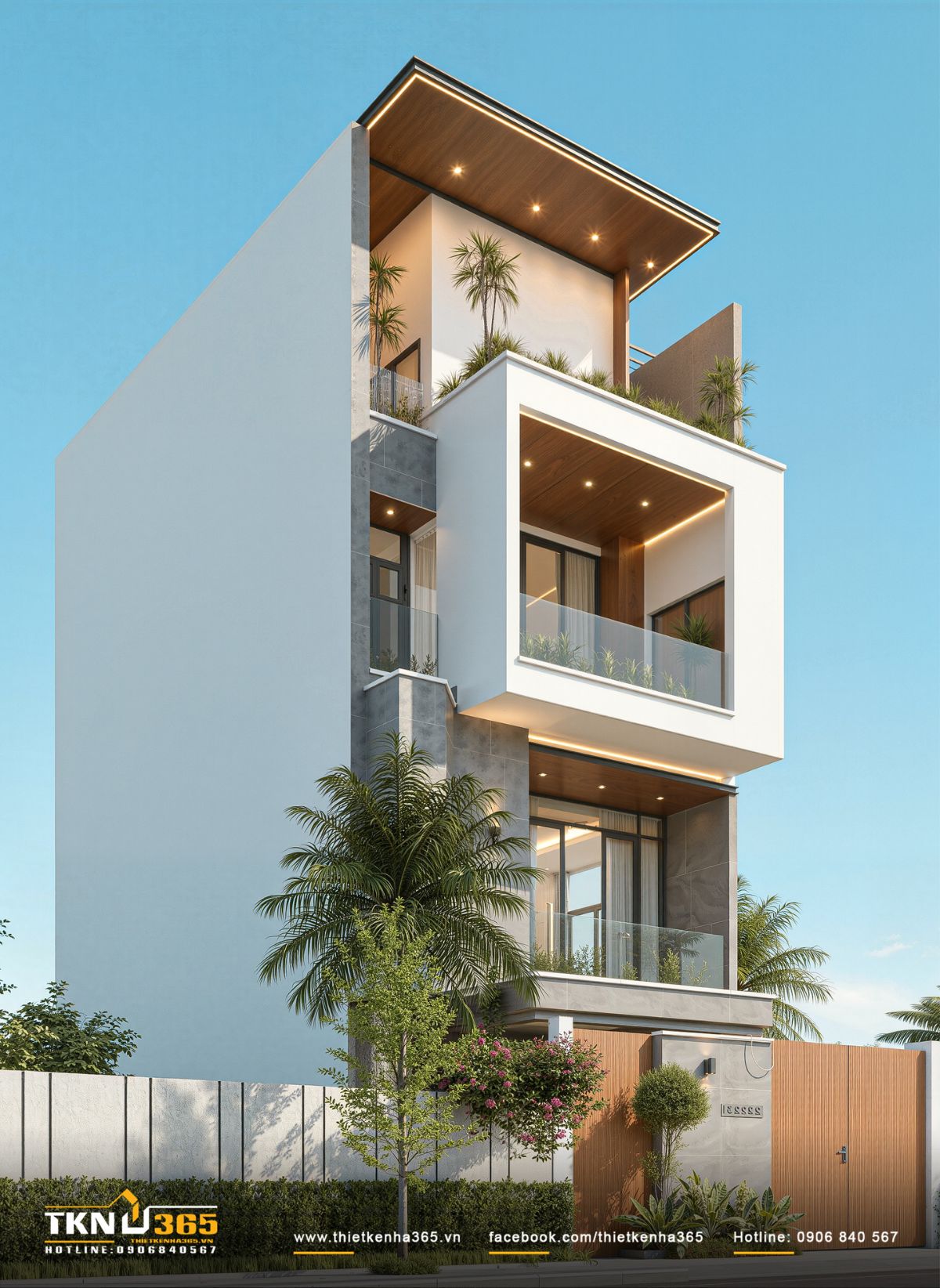 Mái đua rộng ốp gỗ ngoài trời kết hợp hệ đèn LED hắt viền, tạo lớp hoàn thiện ánh sáng nổi bật vào buổi tối nhưng vẫn giữ tinh thần hiện đại tiết chế của thiết kế nhà phố 4 tầng