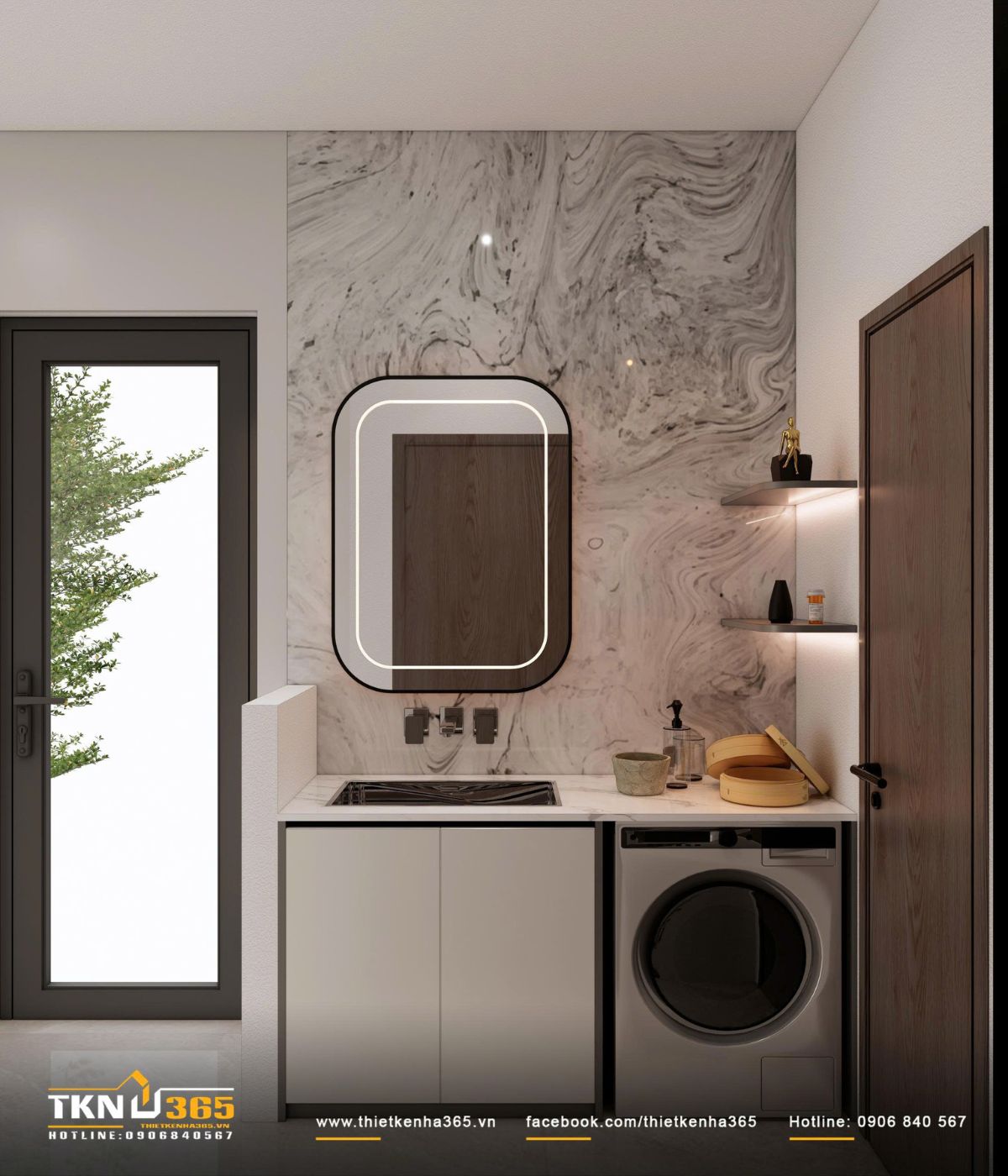 Mảng tường đ&aacute; v&acirc;n m&acirc;y ph&iacute;a sau gương tạo điểm nhấn tinh tế v&agrave; thanh tho&aacute;t