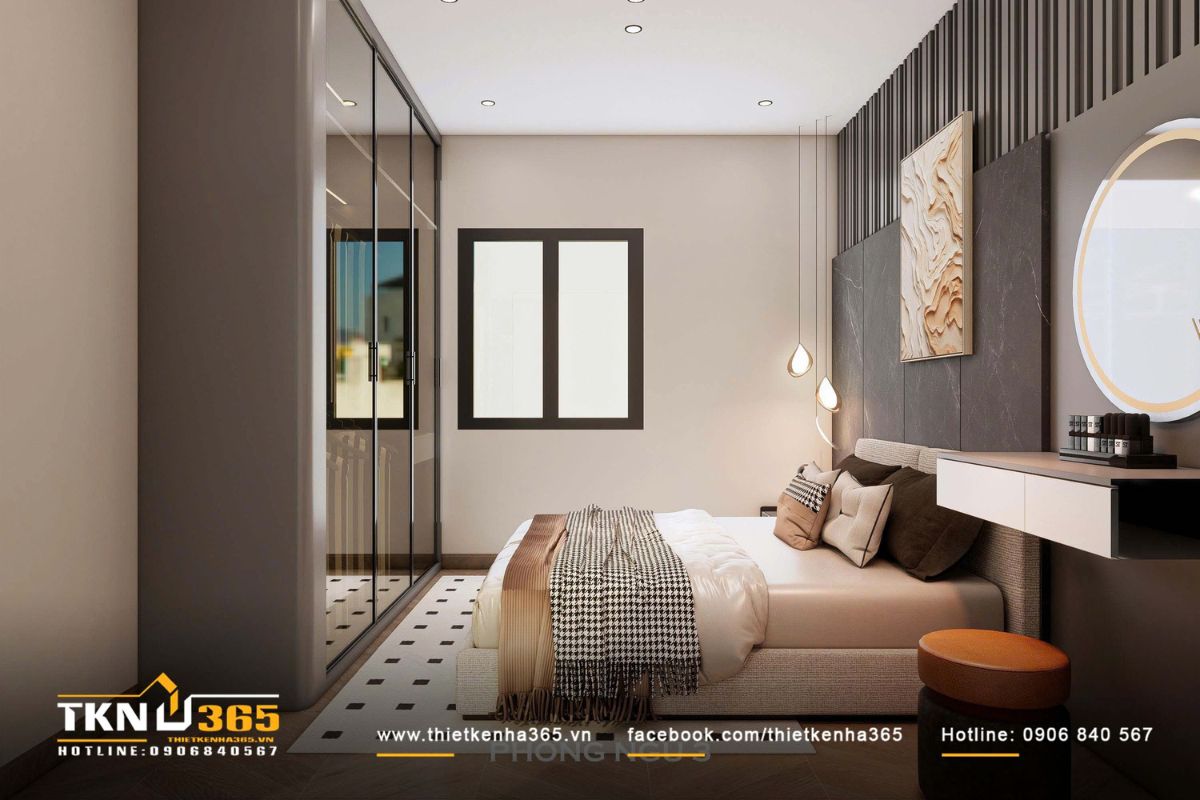 Ph&ograve;ng ngủ kết hợp h&agrave;i h&ograve;a giữa &aacute;nh s&aacute;ng nh&acirc;n tạo v&agrave; &aacute;nh s&aacute;ng tự nhi&ecirc;n từ cửa sổ lớn