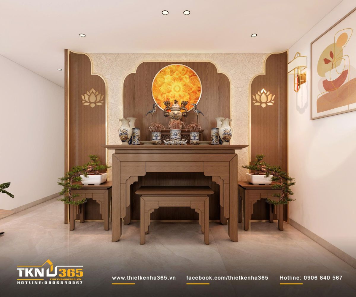 Kh&ocirc;ng gian ph&ograve;ng thờ sử dụng gỗ tự nhi&ecirc;n l&agrave;m vật liệu chủ đạo, tạo cảm gi&aacute;c trang nghi&ecirc;m v&agrave; ấm c&uacute;ng