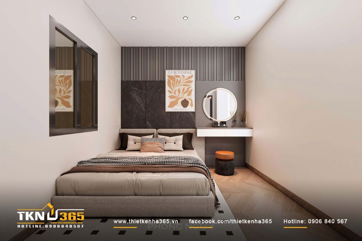 Mảng tường đầu giường với tranh trang tr&iacute; trung t&acirc;m gi&uacute;p ho&agrave;n thiện bố cục v&agrave; tăng t&iacute;nh nghệ thuật cho kh&ocirc;ng gian nghỉ ngơi