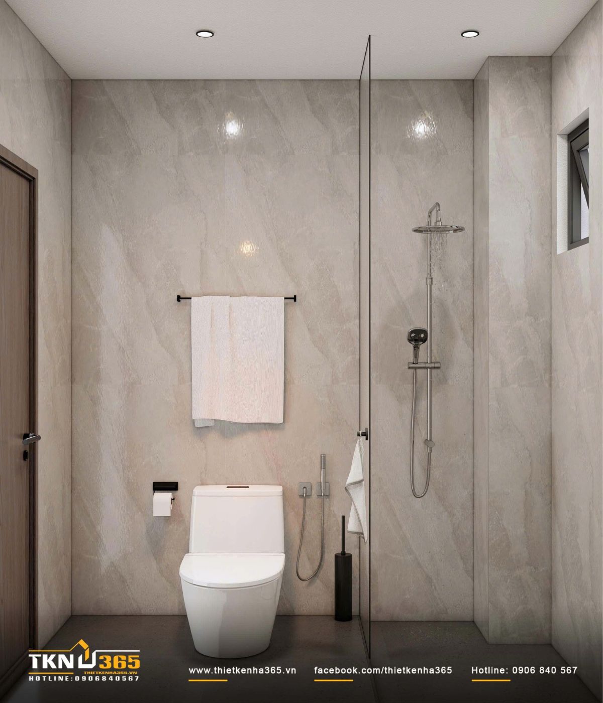 Thiết kế ph&ograve;ng tắm với đ&aacute; v&acirc;n s&aacute;ng ốp to&agrave;n bộ tường v&agrave; v&aacute;ch k&iacute;nh cho khu vực tắm đứng, tạo cảm gi&aacute;c sạch sẽ v&agrave; liền mạch