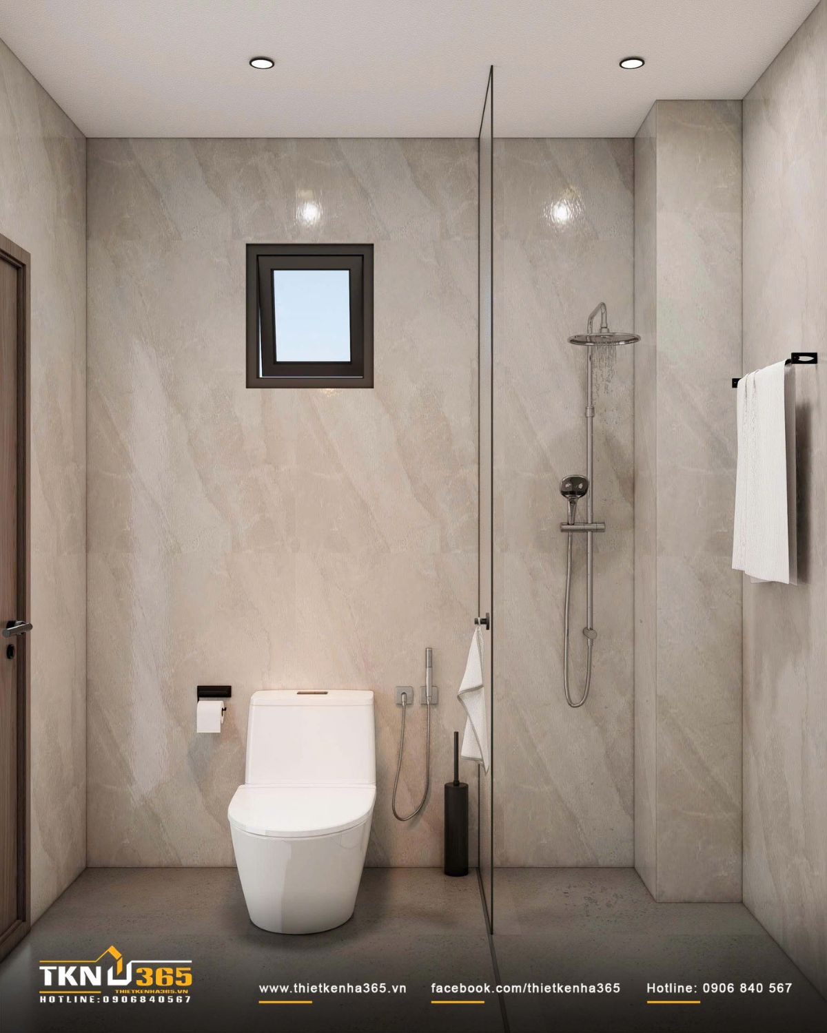 Ph&ograve;ng tắm ph&acirc;n chia khu vực kh&ocirc; - ướt r&otilde; r&agrave;ng, phụ kiện đen mờ đồng bộ với khung cửa v&agrave; tay nắm