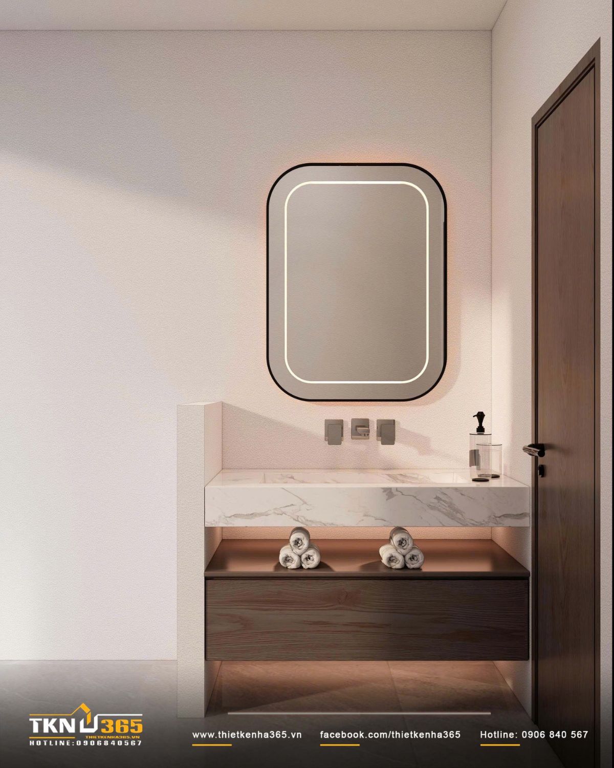 Lavabo treo kết hợp mặt đ&aacute; trắng v&agrave; hộc gỗ tối ph&iacute;a dưới, được nhấn bằng &aacute;nh s&aacute;ng hắt nhẹ gi&uacute;p khối tủ tr&ocirc;ng gọn v&agrave; nhẹ hơn