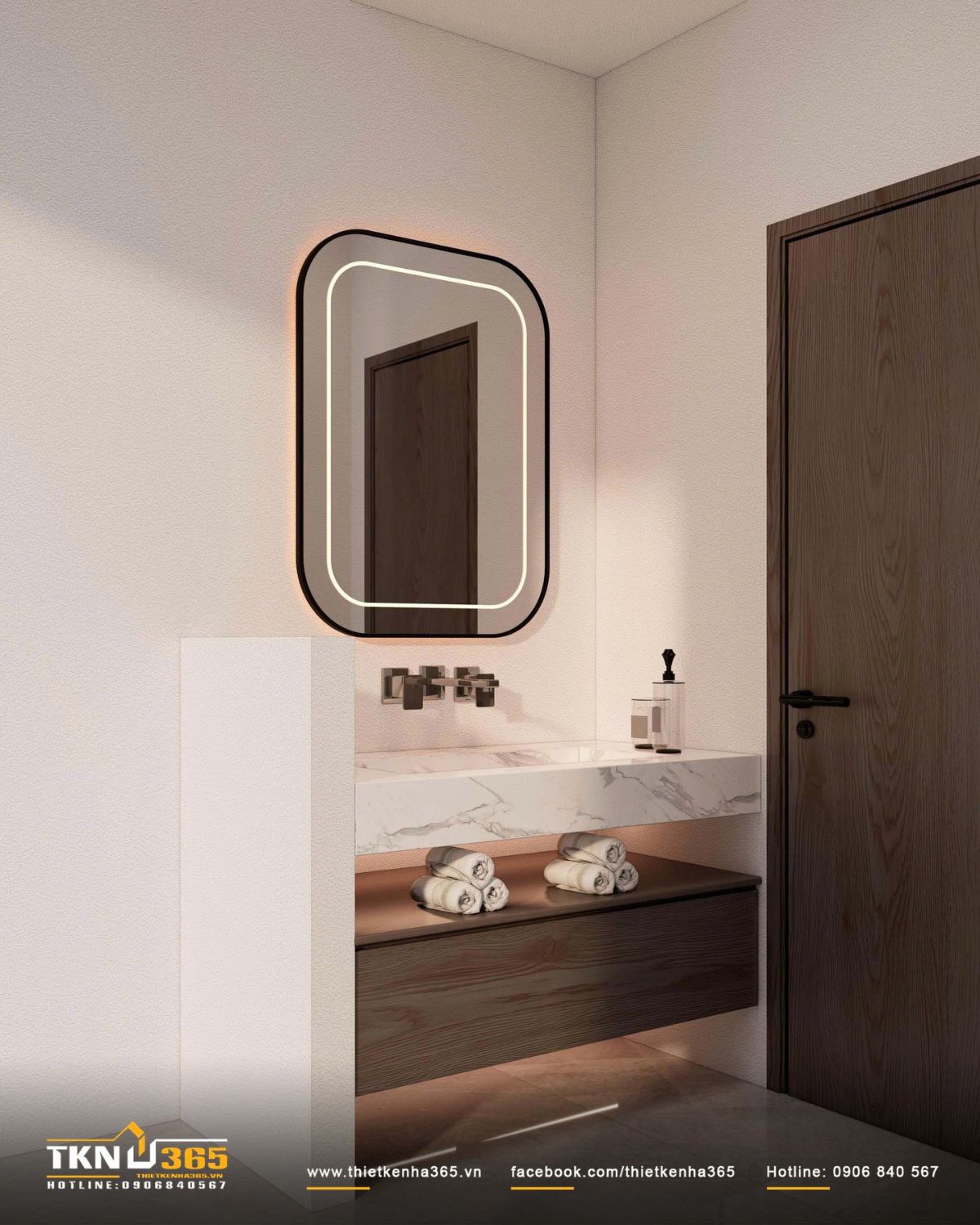 Gương bo g&oacute;c viền đen t&iacute;ch hợp đ&egrave;n LED tạo lớp s&aacute;ng mềm mại, ho&agrave;n thiện cảm gi&aacute;c thư gi&atilde;n cho kh&ocirc;ng gian ph&ograve;ng tắm