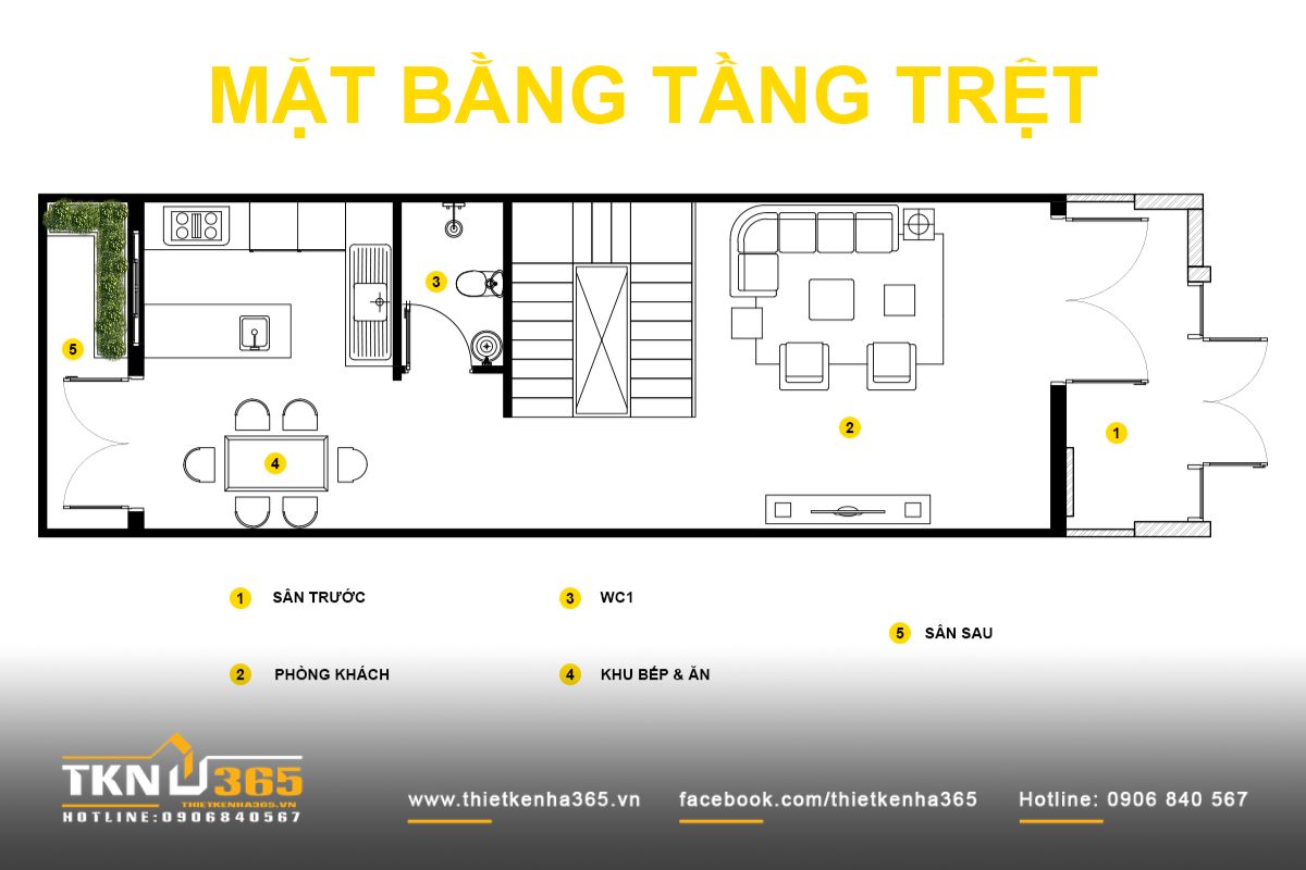Mặt bằng tầng trệt tổ chức quanh l&otilde;i thang trung t&acirc;m, gồm s&acirc;n trước - ph&ograve;ng kh&aacute;ch - bếp ăn li&ecirc;n th&ocirc;ng v&agrave; s&acirc;n sau th&ocirc;ng gi&oacute;, đảm bảo giao th&ocirc;ng r&otilde; r&agrave;ng v&agrave; tho&aacute;ng kh&iacute;