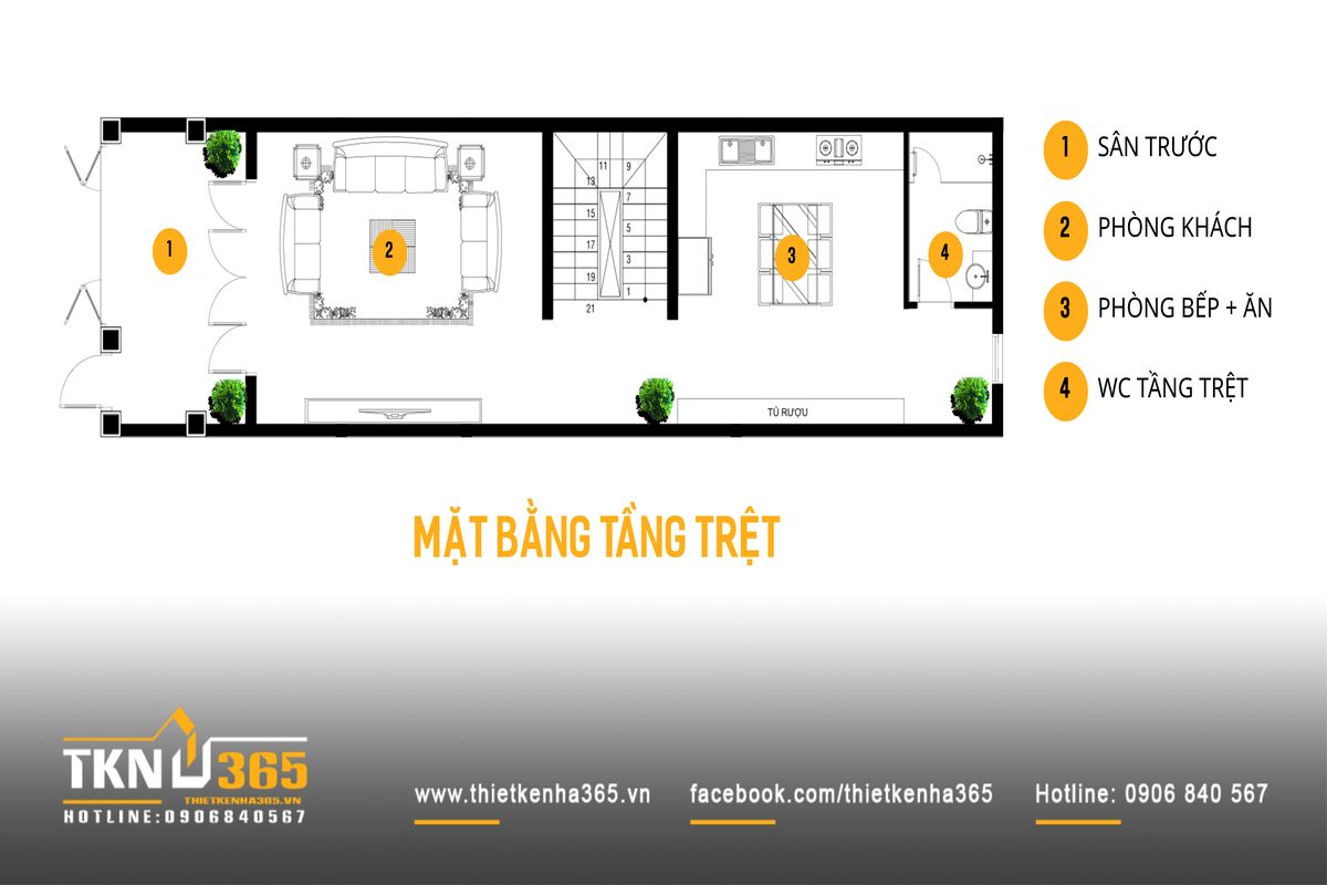 Mặt bằng tầng trệt với sân trước, phòng khách, bếp - ăn và lõi thang trung tâm tổ chức giao thông mạch lạc