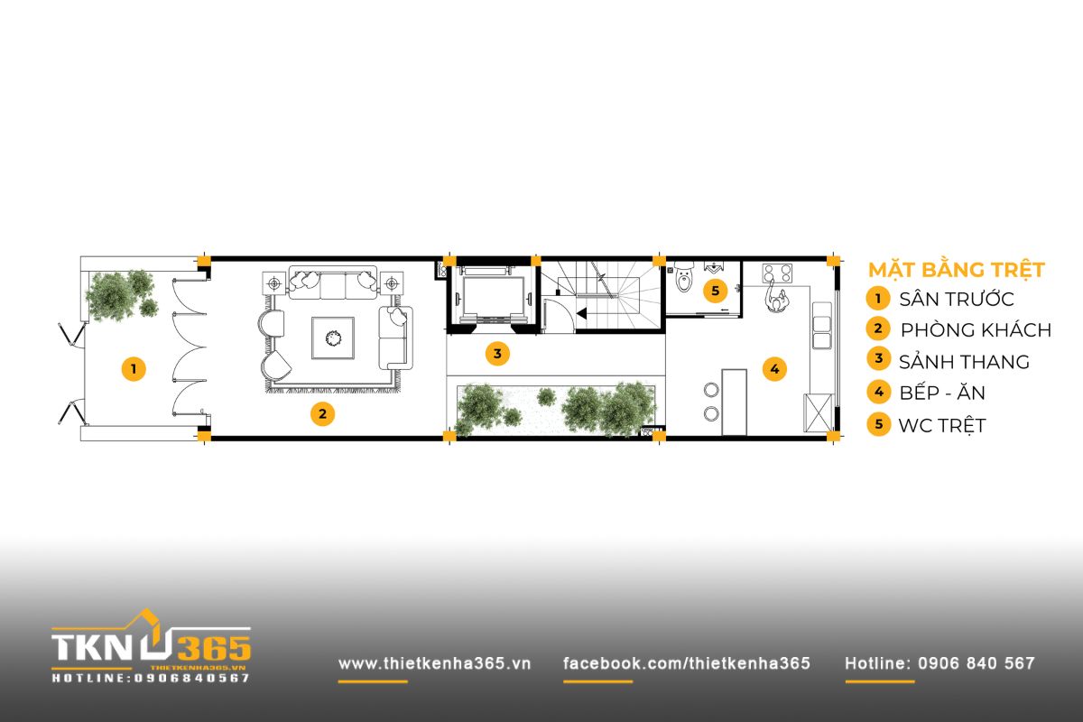 Kh&ocirc;ng gian tầng trệt tổ chức theo trục dọc xuy&ecirc;n suốt, đảm bảo li&ecirc;n th&ocirc;ng nhưng vẫn giữ được lớp đệm ri&ecirc;ng tư cần thiết