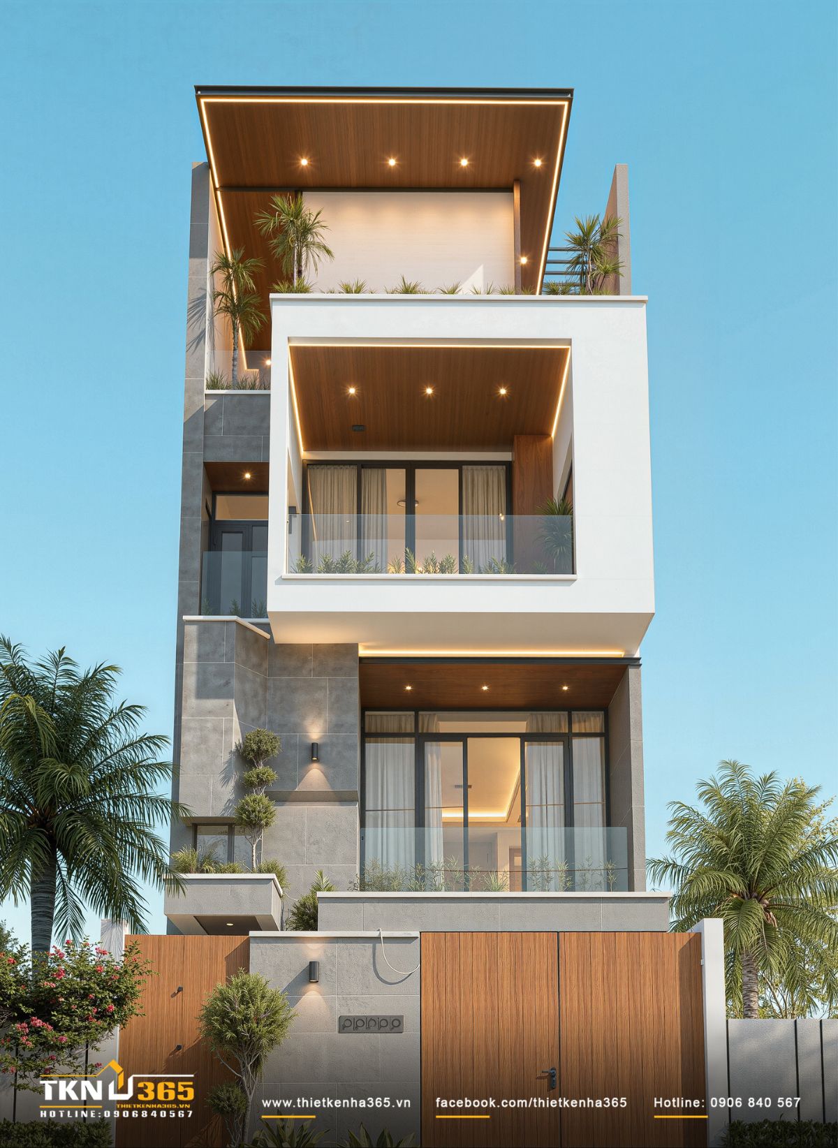 Ban công tầng trên tích hợp bồn cây và hệ đèn âm trần, cải thiện vi khí hậu và giúp ánh sáng tự nhiên len lỏi sâu vào không gian bên trong nhà phố 4 tầng