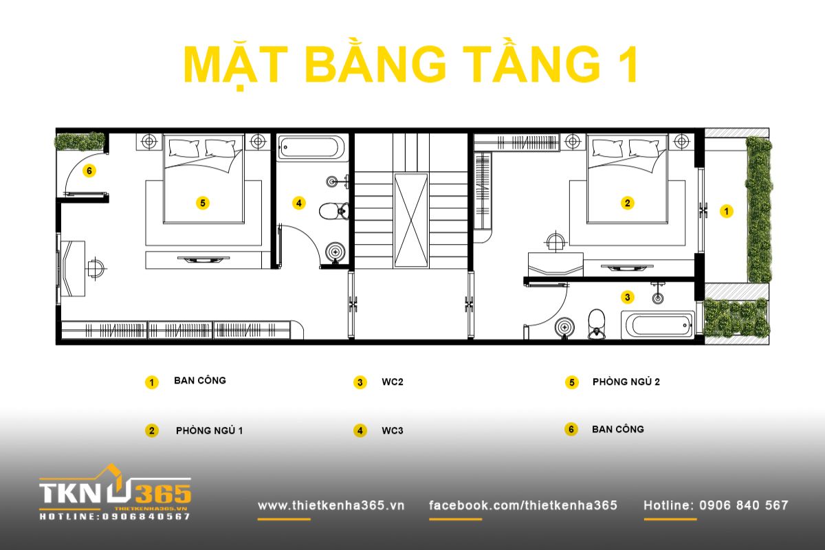 Mặt bằng tầng 1 bố tr&iacute; hai ph&ograve;ng ngủ, ban c&ocirc;ng trước sau v&agrave; hệ WC đặt gần l&otilde;i thang nhằm tối ưu đường ống kỹ thuật v&agrave; tăng hiệu quả sử dụng diện t&iacute;ch