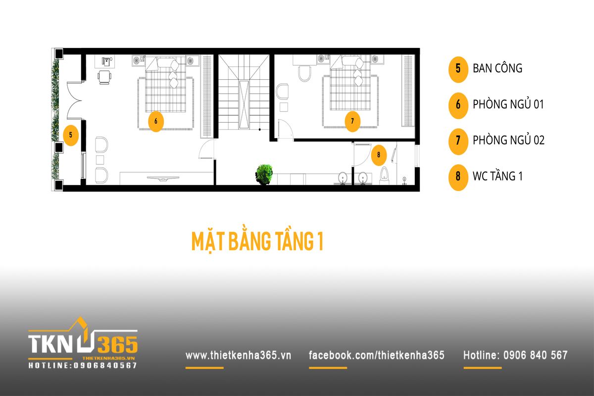 Mặt bằng tầng 1 bố trí hai phòng ngủ cân đối qua trục thang, ban công phía trước đón sáng tự nhiên