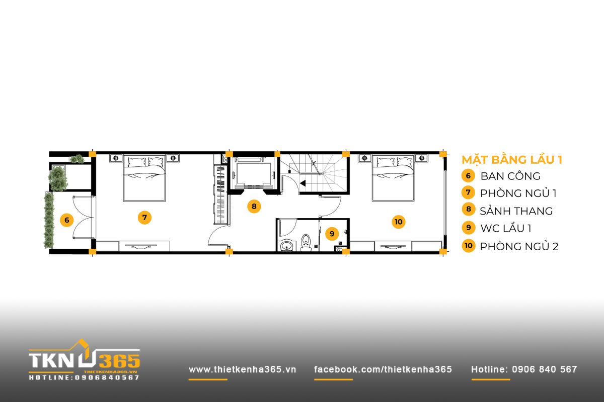 Hai ph&ograve;ng ngủ bố tr&iacute; trước - sau qua l&otilde;i thang trung t&acirc;m, tạo thế c&acirc;n bằng v&agrave; khai th&aacute;c tối đa &aacute;nh s&aacute;ng tự nhi&ecirc;n từ ban c&ocirc;ng v&agrave; cửa sổ cuối nh&agrave;