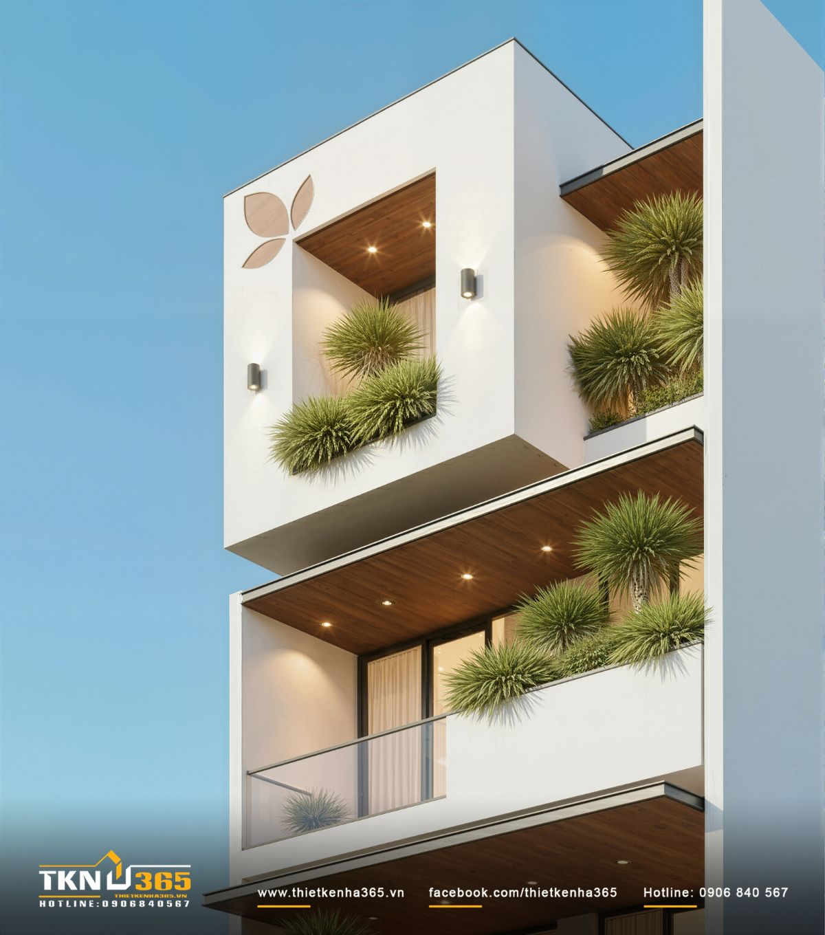 Khối hộp tầng tr&ecirc;n kho&eacute;t l&otilde;m mạnh, trần ốp gỗ v&agrave; c&acirc;y xanh tạo điểm nhấn kiến tr&uacute;c dứt kho&aacute;t