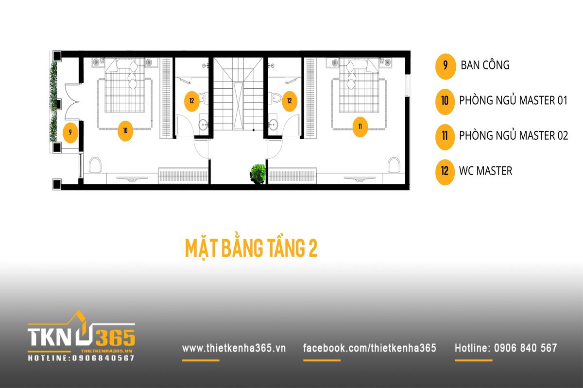 Mặt bằng tầng 2 gồm hai phòng ngủ master tích hợp WC riêng, đảm bảo tính riêng tư và tiện nghi