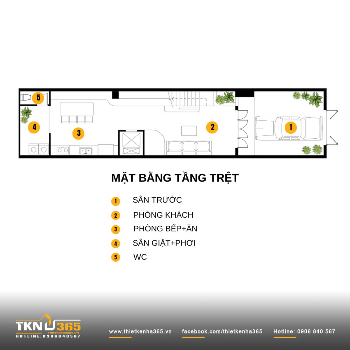 Tầng trệt nh&agrave; phố 4 tầng tổ chức theo trục dọc li&ecirc;n th&ocirc;ng kh&aacute;ch - bếp - ăn, ph&iacute;a trước l&agrave; s&acirc;n đỗ xe v&agrave; ph&iacute;a sau l&agrave; khu giặt phơi k&iacute;n đ&aacute;o