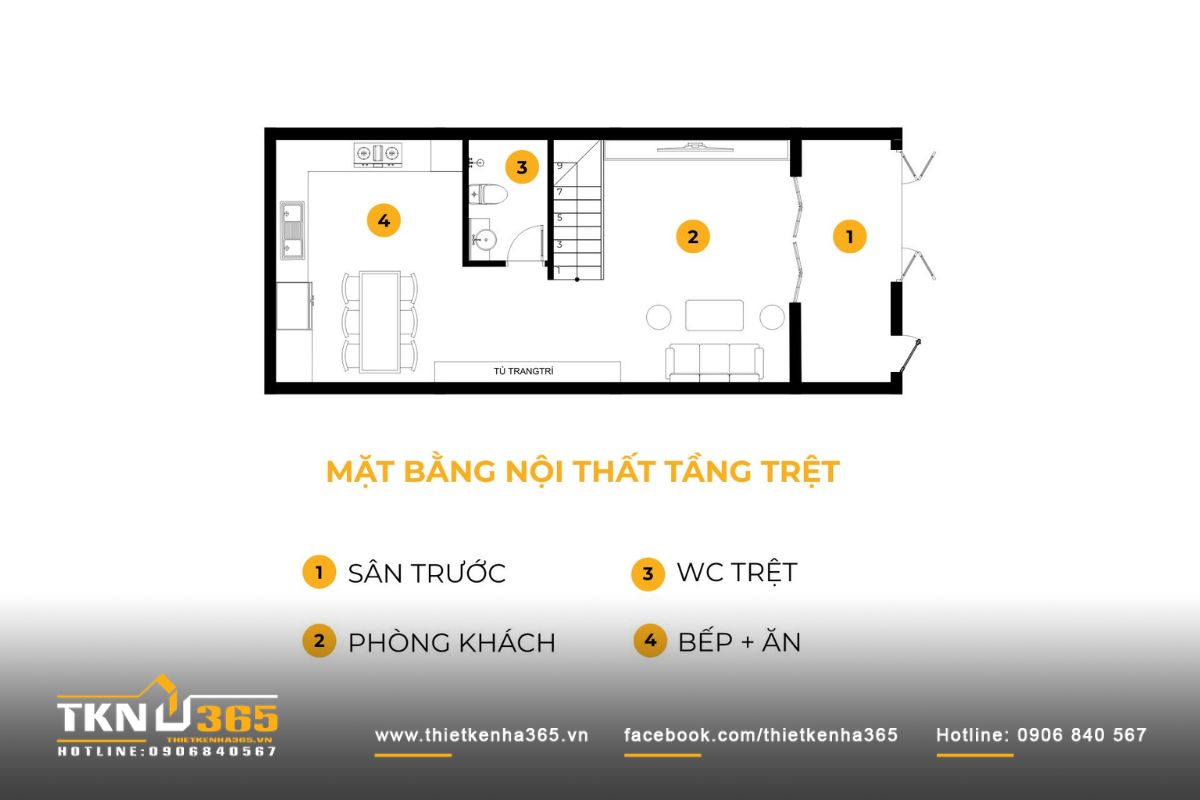 Mặt bằng tầng trệt nhà phố 4 tầng gồm sân trước, phòng khách, bếp - ăn và WC, tổ chức theo trục dọc nhằm tối ưu chiều sâu 18m của lô đất