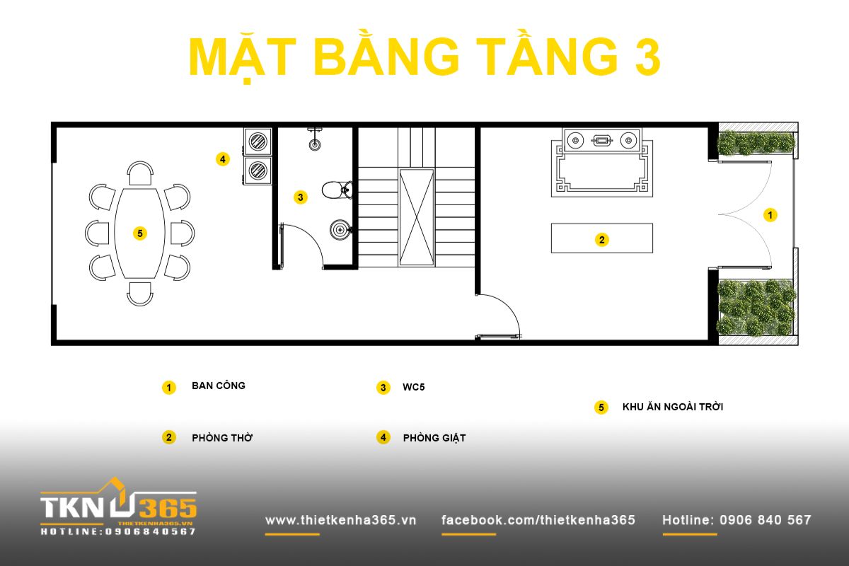 Mặt bằng tầng 3 gồm ph&ograve;ng thờ ph&iacute;a trước v&agrave; khu ăn uống ngo&agrave;i trời ph&iacute;a sau, kết hợp lam che v&agrave; c&acirc;y xanh gi&uacute;p s&acirc;n thượng sử dụng linh hoạt
