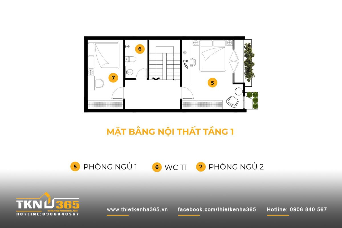 Mặt bằng tầng 1 bố trí phòng ngủ hai đầu nhà, WC gom về lõi thang trung tâm nhằm tối ưu kỹ thuật và đảm bảo tính riêng tư cho nhà phố 4 tầng