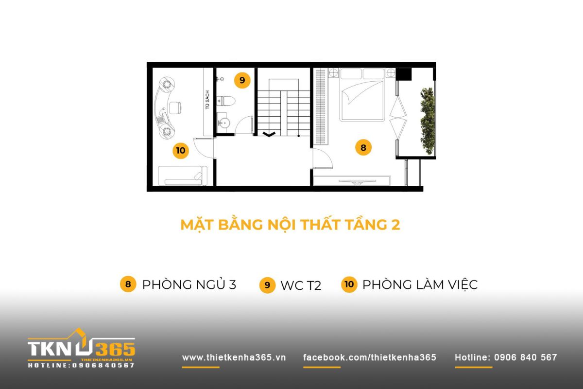 Ngoài phòng ngủ thứ 3, tầng 2 của nhà phố 4 tầng bố trí thêm phòng làm việc, đáp ứng nhu cầu sử dụng linh hoạt của các thành viên trong gia đình