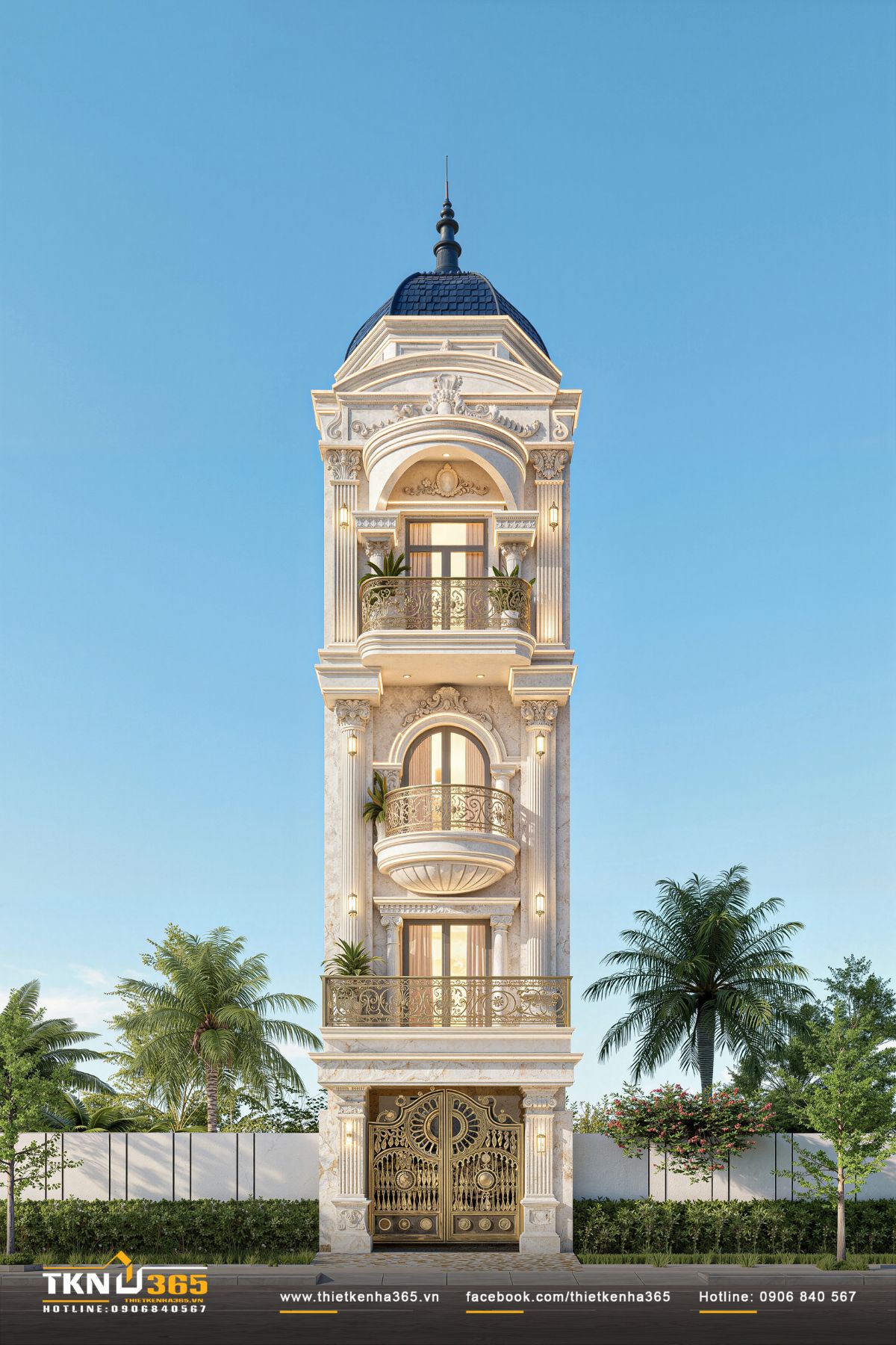 Mặt tiền nhà phố 5 tầng 4x18m phong cách tân cổ điển với tỷ lệ cân đối và mái vòm đỉnh nhấn mạnh trục chính công trình