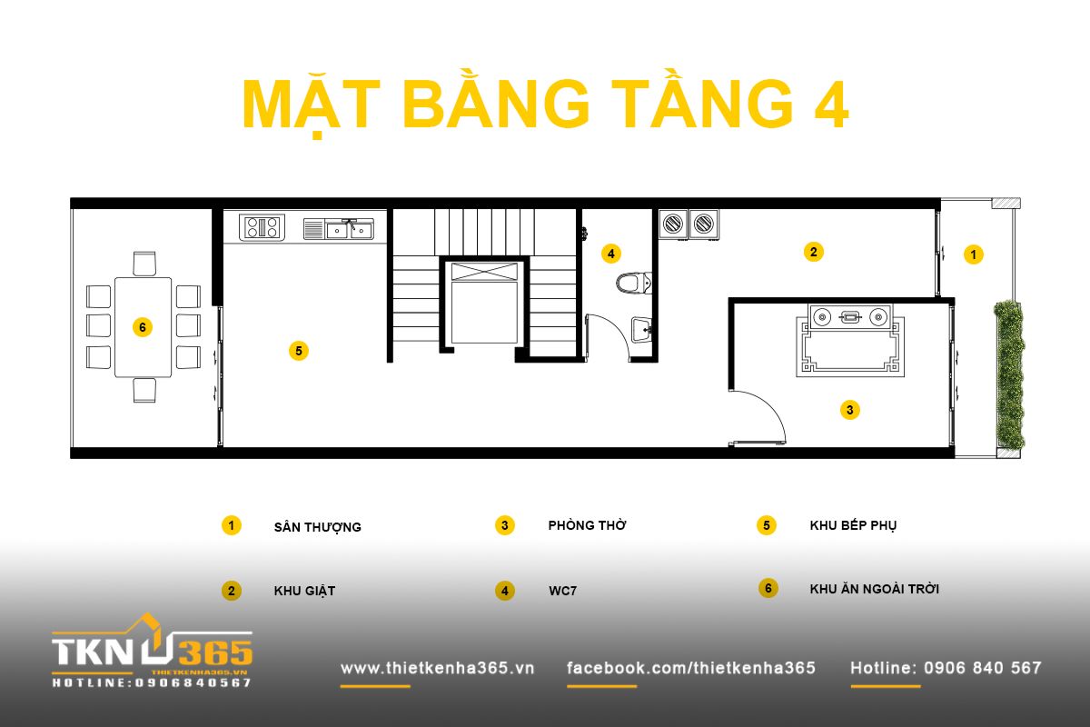 Tầng 4 gồm ph&ograve;ng thờ hướng ra s&acirc;n thượng, khu giặt v&agrave; bếp phụ, ho&agrave;n thiện chuỗi kh&ocirc;ng gian sinh hoạt theo phương đứng của nh&agrave; phố 5 tầng