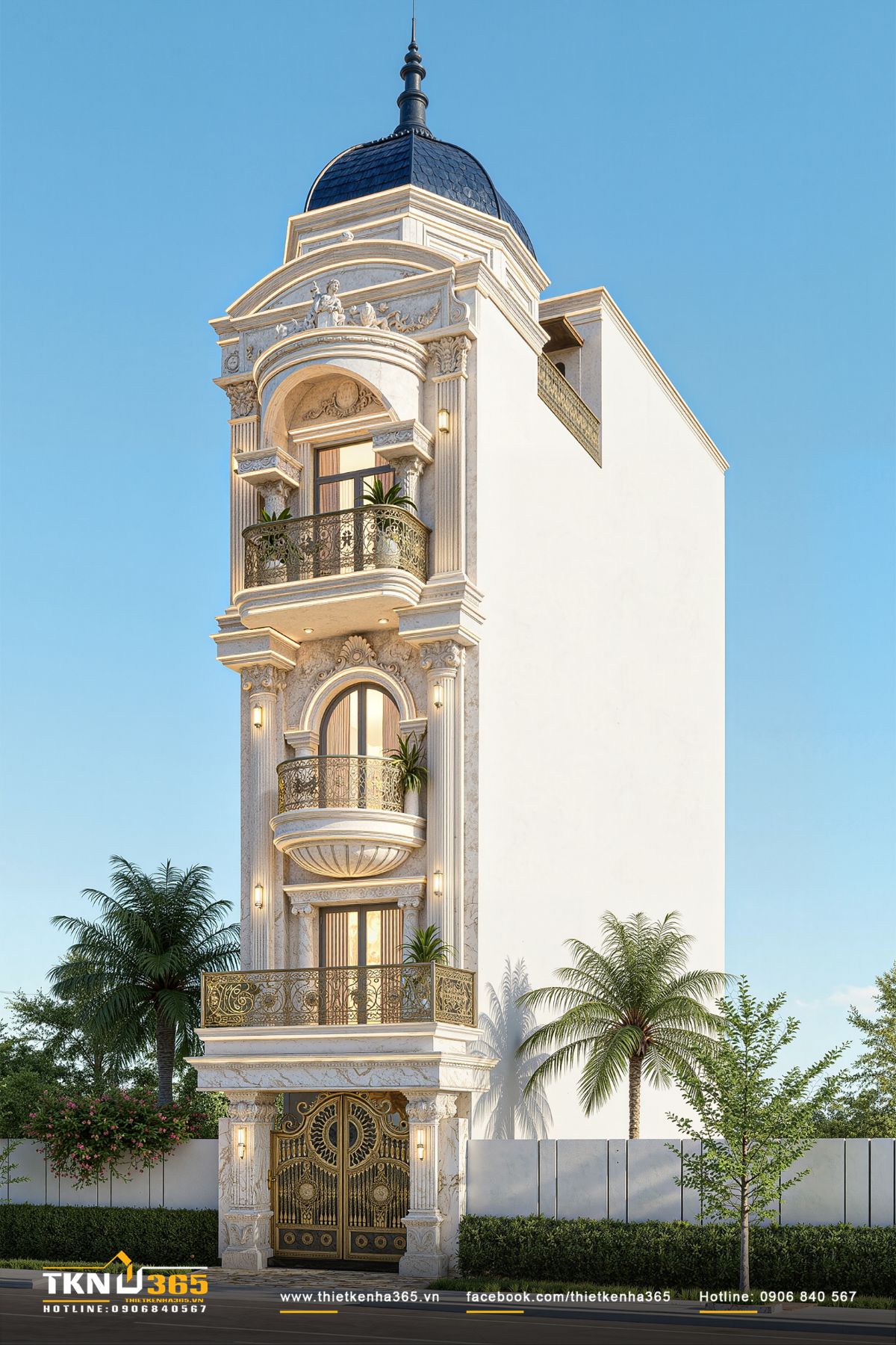 Ban công bán nguyệt giúp công trình mềm mại hơn, giảm cảm giác khô cứng thường gặp ở nhà phố 5 tầng