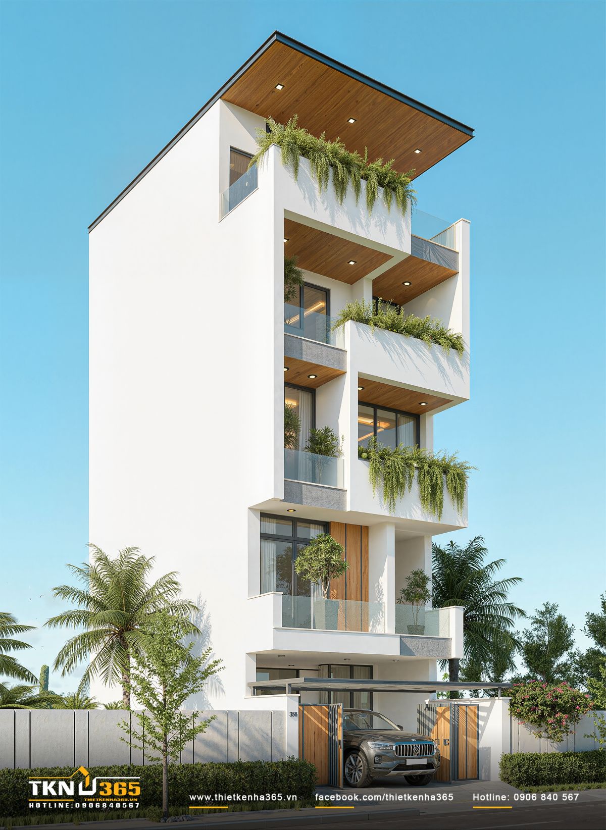 H&igrave;nh khối vu&ocirc;ng vức được tiết chế bằng trần gỗ xuy&ecirc;n suốt ban c&ocirc;ng c&aacute;c tầng, tạo cảm gi&aacute;c ấm &aacute;p v&agrave; giảm độ nặng nề của b&ecirc; t&ocirc;ng