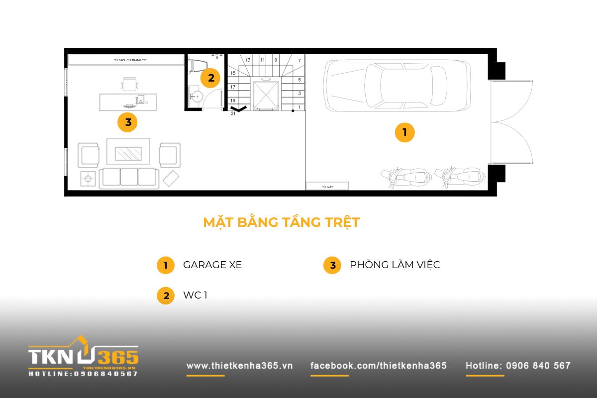 Mặt bằng tầng trệt bố trí garage và phòng làm việc, hình thành khoảng đệm giữa phố và không gian sinh hoạt phía trên