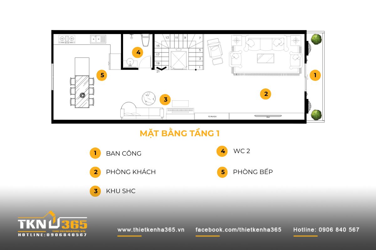 Mặt bằng tầng 1 tổ chức phòng khách - khu sinh hoạt chung phía trước, bếp ăn phía sau, cầu thang đặt giữa chia nhịp không gian